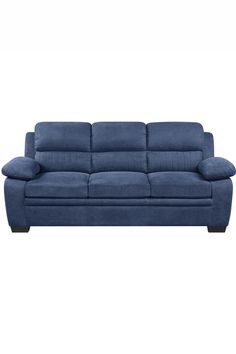 a blue couch sitting on top of a white floor