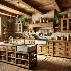 an old fashioned kitchen with wooden floors and cabinets, pots on the stove top, sink in the center