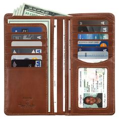 an open wallet with money sticking out of the front and side pockets on each side