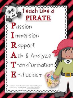 a pirate themed classroom poster with the words teach like a pirate in red, white and black