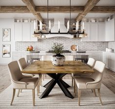 a dining room table with chairs around it