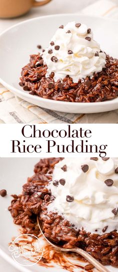 chocolate rice pudding on a white plate with whipped cream and chocolate sprinkles