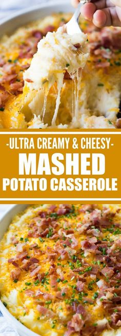 a close up of a plate of mashed potato casserole with text overlay