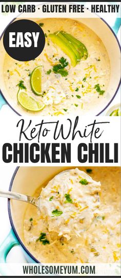 Keto White Chicken Chili Recipe Keto White Chicken Chili, White Chicken Chilli, Chicken Chili Recipe Easy, Low Carb Chicken Soup, White Chicken Chili Recipe, Chicken Chili Crockpot, Keto Soups, White Bean Chili, Creamy White Chicken Chili