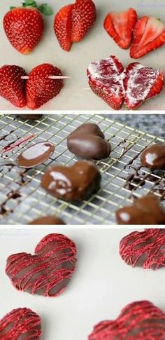 chocolate covered strawberries and heart shaped cookies on a cooling rack, then dipped in chocolate