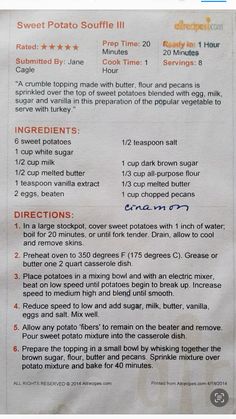 the recipe for sweet potato soup is shown in red and white letters on a piece of paper