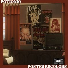 a room with posters on the wall