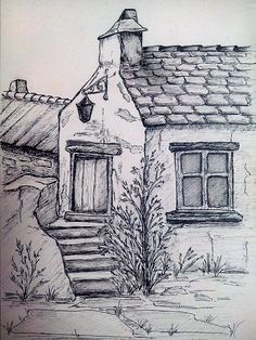 a drawing of a house with steps leading up to it