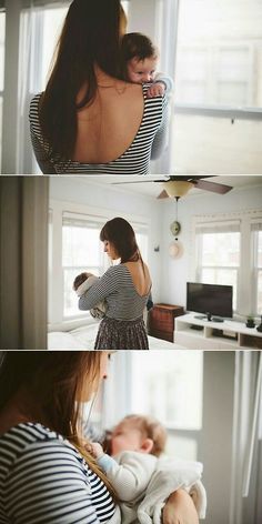 two pictures of a woman holding a baby in her arms, and another photo of a mother looking out the window