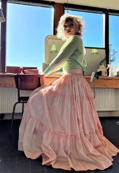 Size M The skirt is made out of used vintage taffeta silk from the 1950s. The silk has a few sign of use. Please see photo. Waist 79 cm - 31,1 inches  Length 100 cm - 39,37 inches  By request waist can be adjusted shop@bywaltz.dk Petti skin is sold separately  Follow us on Instagram @by_waltz https://www.instagram.com/by_waltz/ Pink Silk Full Skirt, Vintage Ruffled Skirt For Party, Vintage Party Petticoat With Ruffled Skirt, Spring Fitted Taffeta Skirt, Vintage Tiered Skirt For Party, Vintage Silk Long Skirt, Vintage Ruffled Spring Petticoat, Vintage Ruffled Petticoat For Spring, Vintage Spring Petticoat With Ruffled Skirt