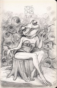 a drawing of a frog sitting on top of a tree stump