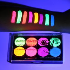 PRICES MAY VARY. GLOW BLACK LIGHT NEON FACE BODY PAINT:MEICOLY Water Based Face Paint Palette(water activated face body paint) is smudge-proof but NOT WATERPROOF.Non waxy or oily,goes on smoothly and brightly.Available in 8 Bold Neon shades(blue and purple are weak fluorescent colors)During the day time , our face paint kit is bright and neon.In the dark,our face paint does not glow unless under UV blacklights. HOW TO USE:Method 1: Apply a amount of water ( not too much ) into the color cake,sti Pintura Facial Neon, Halloween Party Makeup, Neon Face Paint, Face Paint Kit, Party Makeup Looks, Glow Paint, Halloween Fest, Make Up Tools, Palette Art