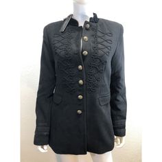 Rare (Believed To Be Vintage) Jacket Still New With Tags Romeo & Juliet Couture Black Button Front Jacket Stitched Designs On Front Single Center Vent Fully Lined Brass Cuff And Front Buttons Women's Size Medium Measures: Bust 36" Waist 30" Arms 24" Length 27" This Jacket Is Absolutely Stunning No Signs Of Age Or Storage See Material/Care Tag Photos Msrp $240 This Jacket Will Ship Bagged And Boxed For Safe Transit From Southern California Please Review Above Measurements For Best Fit. There Is N Punk Style Stand Collar Outerwear For Fall, Designer Fall Blazer With Stand Collar, Designer Stand Collar Blazer For Fall, Gothic Formal Winter Outerwear, Designer Blazer With Stand Collar For Fall, Fall Blazer With Epaulettes And Long Sleeves, Edgy Fitted Outerwear With Button Closure, Gothic Formal Outerwear For Fall, Punk Style Black Blazer For Fall