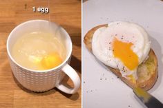 an egg is on top of bread next to a cup of coffee with a spoon in it