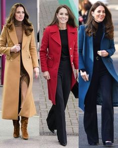 three women in coats and dresses walking down the street