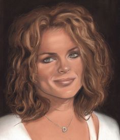 a drawing of a woman with blue eyes and blonde hair, wearing a white shirt