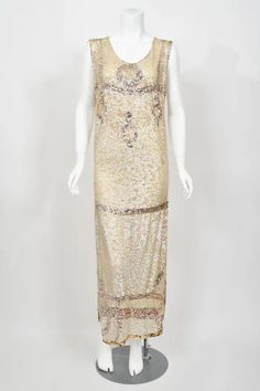 1920's Iridescent Ivory and Gold Beaded Sequin Sheer-Net Deco Tabard Flapper Dress For Sale at 1stDibs 1920s Tabard Dress, Sleeveless Art Deco Embellished Dress, Luxury 1920s Sequined Dresses, Art Deco Sleeveless Sequin Flapper Dress, Luxury Vintage Beaded Flapper Dress, Dance Dresses, Gold Beads, Historical Fashion, Flapper Dress