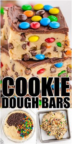 cookie dough bars are stacked on top of each other with sprinkles and chocolate