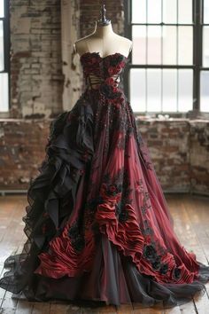 Red And Black Dress Wedding, Dragon Prom Dress, Gothic Evening Gown, Red Black Wedding Dress, Goth Ball Gown, Halloween Ball Gown, Ball Gowns Red, Vampire Ball Gown, Dark Princess Dress