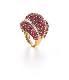 Circular-cut rubies, baguette-cut diamonds, 18K gold, and platinum Ring available with sapphires Chopard Jewelry, Luxury Jewelry Brands, Ring Ruby, Diamond Rings Design, David Webb, Dome Ring, Baguette Cut Diamond, Domed Ring, Platinum Ring