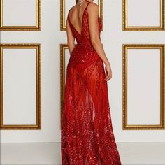 Panty For Dress Is Available Too Red Sequin Gown For Red Carpet, Red Backless Wedding Gown, Red Backless Evening Dress, Red Evening Dress For Gala Night Out, Red Evening Dress For Night Out And Gala, Red Sequined V-neck Gown, Red Sequin Sleeveless Gown, Glamorous Red Evening Dress, Red Maxi Length Gown For Parties