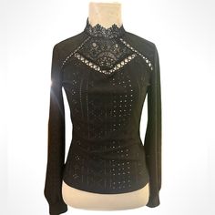 Nwt / Never Worn. Size Small, Black Long Sleeve Top From Shein; Great Quality; Fit Is Tts Though It Is Fitted Throughout Body And Arms (Mannequin Is Size 4, For Reference). Shirt Features Adorable Lace Upright Collar With Button At Back Of Neck And A Gorgeous Eyelet Design Throughout Chest And Body. All Items Come From A Smoke & Pet Free Home. I’ll Consider All Reasonable Offers And Encourage Bundling For An Even Greater Discount! Please Let Me Know If You Have Any Questions, And Thanks For Chec Fitted High Neck Blouse For Party, High Neck Fitted Blouse For Party, High Neck Fitted Party Blouse, Fitted High Neck Tops For Party, Winter Stretch Lace Top, Fitted Winter Blouse For Night Out, Fitted Blouse For Night Out In Winter, Fitted High Neck Evening Top, Stretch High-neck Blouse For Night Out