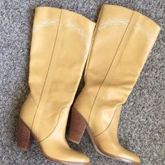 Yellow Fitted Boots With Round Toe, Trendy Gold Boots For Spring, Western Style Yellow Boots For Spring, Yellow Fitted Casual Boots, Casual Gold Pointed Toe Boots, Yellow High Heel Boots For Fall, Yellow Leather Spring Boots, Casual Yellow Boots With Pointed Toe, Casual Yellow Pointed Toe Boots