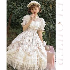 A classic dress and embroidered bonnet for a beautiful Western queen. A gorgeous item that combines pale pink roses and a geometric checkered pattern. The chest and hem are decorated with ruffles that have a strong presence. She is an elegant young lady who is as pretty as a flower. 
 
 
 
 Item 
 
 One Piece 
 Bonnet 
 
 
 Size 
 
 One Piece 
 
 S size 
 
 Length: 103cm 
 Shoulder width: 34.5cm 
 Bust: 88cm 
 Waist: 72cm 
 Sleeve length: 24cm 
 
 M size 
 
 Length: 105cm 
 Shoulder width: 35.5c Spring Princesscore Dresses With Ruffles, Princesscore Dresses With Ruffles For Spring, Summer Princesscore Dress With Lace Trim, Spring Princesscore Dress With Lace Trim, Princesscore Dresses With Lace Trim For Spring, Vintage Square Neck Dress With Ruffles For Garden Party, Square Neck Vintage Dress With Ruffles For Garden Party, Elegant Ruffled Dresses For Tea Party, White Fitted Dress For Tea Party