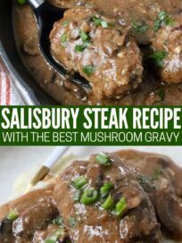 two pictures of meat with mushrooms and gravy