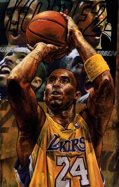 a painting of a basketball player holding a ball in his right hand and looking up at the sky