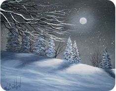 a painting of snow covered trees and the moon