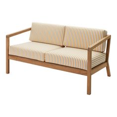 a wooden bench with striped cushions on it's back end and armrests