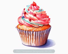 a watercolor painting of a cupcake with frosting and sprinkles