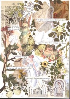 an altered collage with flowers, butterflies and other things in the middle of it