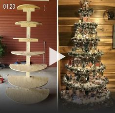 a christmas tree made out of plywood boards and other items is shown in two different photos