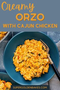 two blue plates filled with creamy, cheesy orzo chicken casserole