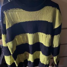 New Distressed Slightly Oversized Sweater. Size Medium Spring Grunge Sweater, Edgy Distressed Crew Neck Sweater, Green And Black Striped Sweater, Brown And Black Striped Sweater, Oversized Black Distressed Sweater, Edgy Black Distressed Sweater, Green And Yellow Striped Sweater, Black Striped Sweater, Champion Sweats