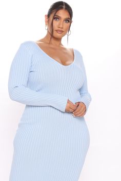 Available In Black, Red, Pink, Blue And Taupe Ribbed Dress V Neckline Ankle Length Long Sleeve Knit 70% Rayon 30% Nylon Imported | Kallan Knit Dress in Blue size Medium by Fashion Nova Trendy Plus Size Fashion, Mid Length Dress, Ribbed Dress, Body Con Dress, Ribbed Dresses, Knit Midi, Curve Dresses, Knit Midi Dress