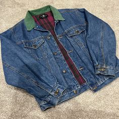 Never Worn Collar: Green Corduroy Inside: Plaid Great Condition Detailing On Back Of Jacket Very Warm And Comfortable Green Winter Denim Outerwear, Green Denim Winter Outerwear, Winter Green Denim Outerwear, Green Denim Long Sleeve Outerwear, Green Denim Outerwear For Fall, Green Long Sleeve Denim Outerwear, Vintage Jean Jacket, Green Corduroy, Looney Tunes