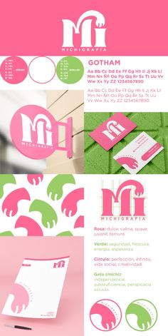 some pink and green business cards with the letter m in it's middle corner