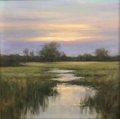 an oil painting of a marshy field with trees and clouds in the background at sunset