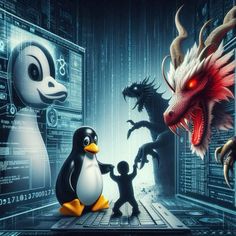 two penguins and a dragon in front of a computer screen