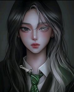 a digital painting of a woman with long hair wearing a green tie and black jacket