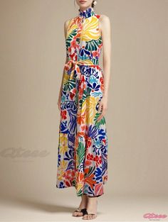 Qteee - Elegant Sleeveless Dress with Stand Collar and Printed Overlay Sleeveless Multicolor Dress With Tropical Print, Multicolor Sleeveless Dress With Tropical Print, Tropical Multicolor Sleeveless Dress For Spring, Tropical Sleeveless Multicolor Maxi Dress, Tropical Style Multicolor Sleeveless Maxi Dress, Tropical Multicolor Sleeveless Maxi Dress, Multicolor Sleeveless Maxi Dress For Garden Party, Multicolor Maxi Sleeveless Dress For Garden Party, Tropical Multicolor Sleeveless Dress