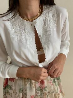 Vintage Beaded White Blouse - Etsy White Lace Blouse, Womens Blouses, Vintage Wardrobe, Sewing Embroidery Designs, Dress Robes, Vintage Store, New Tops, White Blouse, Striped Blouse