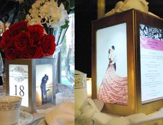 two pictures with roses in vases on the table next to an arrangement of flowers