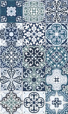 blue and white tiles with different designs