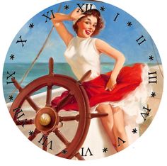 a pillow with a painting of a woman sitting on a ship steering wheel and smiling