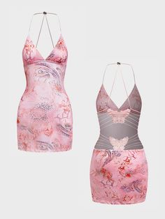 two women's dresses, one in pink and the other in grey with floral designs