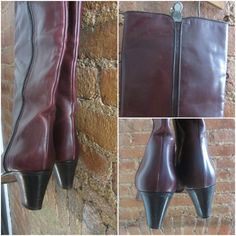 "1970s burgundy wine leather boots almond shaped toe conical wooden heel knee high black leather piping pull on style perfect for tucking your vintage jeans! made in Italy ○ Circa: 1970s ○ Label: Frank More, Italy ○ Material: Leather ○ Color: Red Wine ○ Condition: Excellent! Shoes have been worn. Modern Size Estimate: US 8 * EU 38.5 * UK 5.5 * AU 6.5 (Shoe Marked a Vintage Size 8.5) ○ Insole: 9.875\" ○ Ball Width: 3\" ○ Shaft Height: 16\" ○ Shaft Width: 13.5\" ○ Heel Height: 2\" ❉ this is a vint Boho Runway, Disco Boho, Studio 54, Almond Shaped, Burgundy Wine, Wooden Heel, Suede Heels, Vintage Jeans, Riding Boots